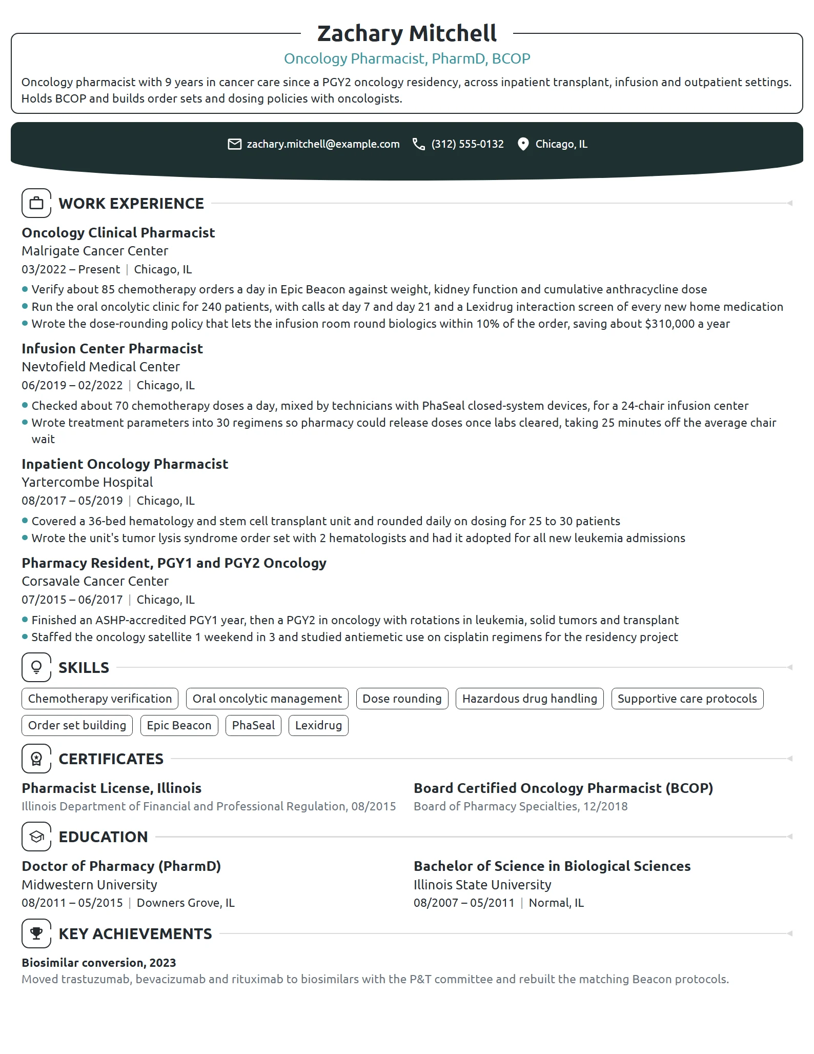 Oncology Pharmacist resume example