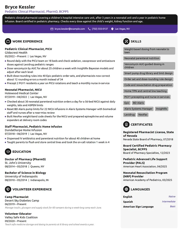 Pediatric Pharmacist resume example