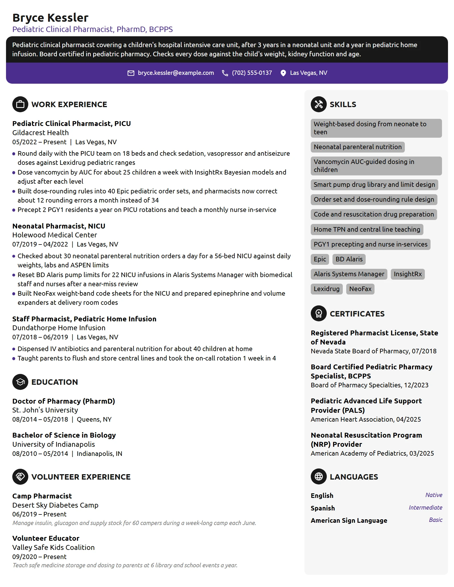 Pediatric Pharmacist resume example