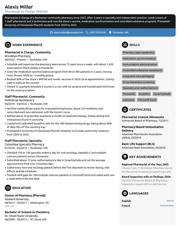 Pharmacist resume example