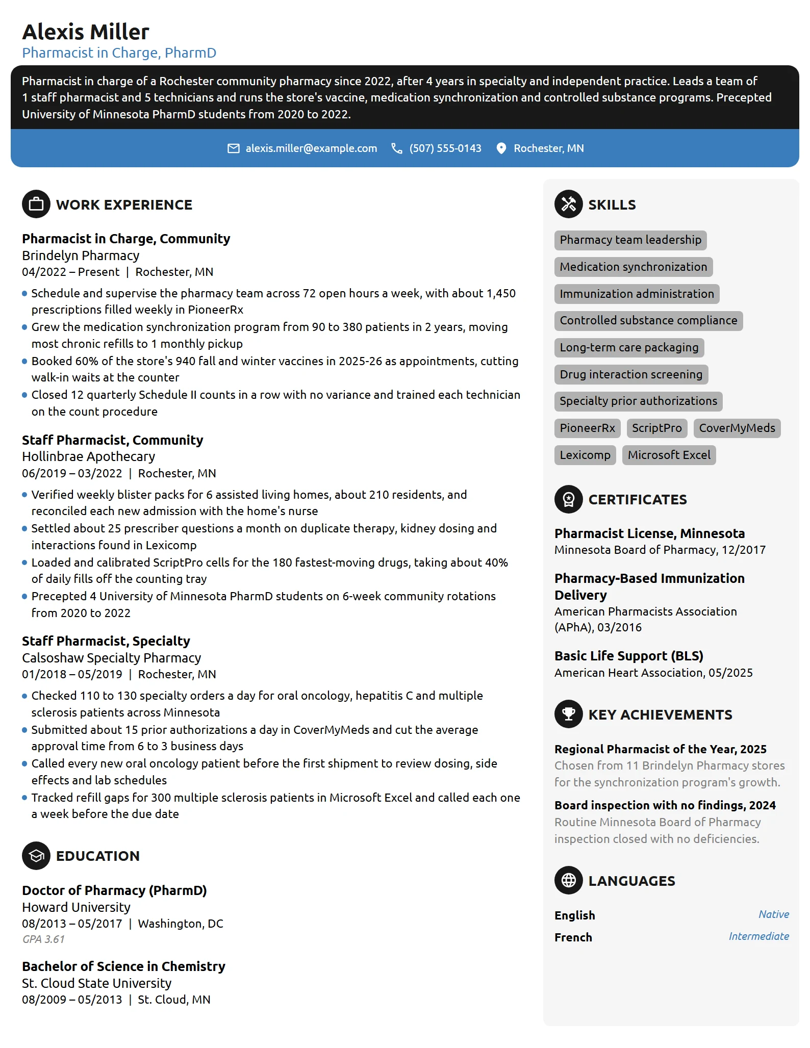 Pharmacist resume example