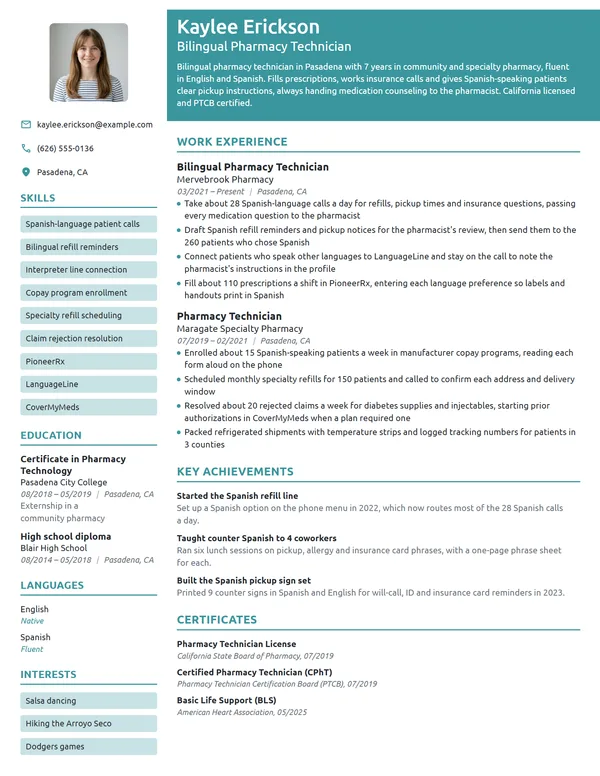 Bilingual Pharmacy Technician resume example