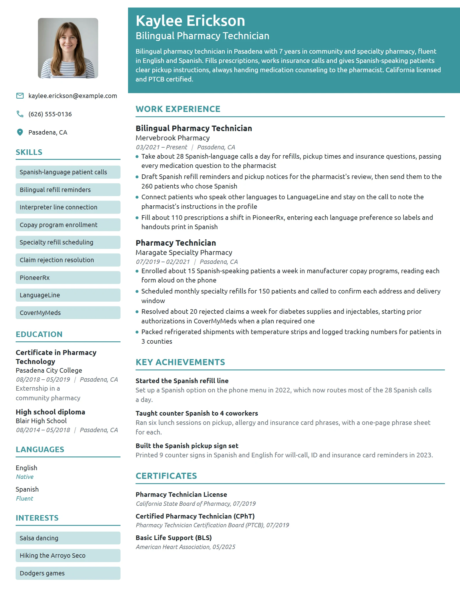 Bilingual Pharmacy Technician resume example