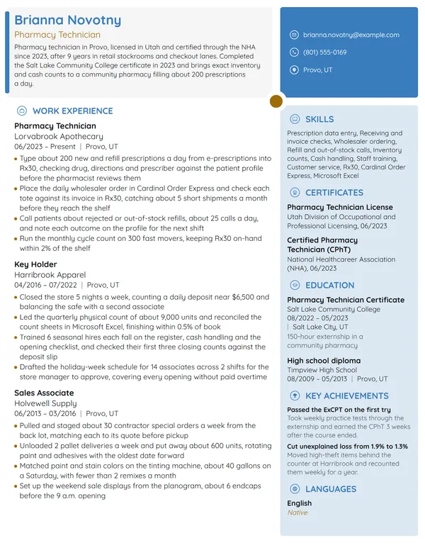 Career Change Pharmacy Technician resume example