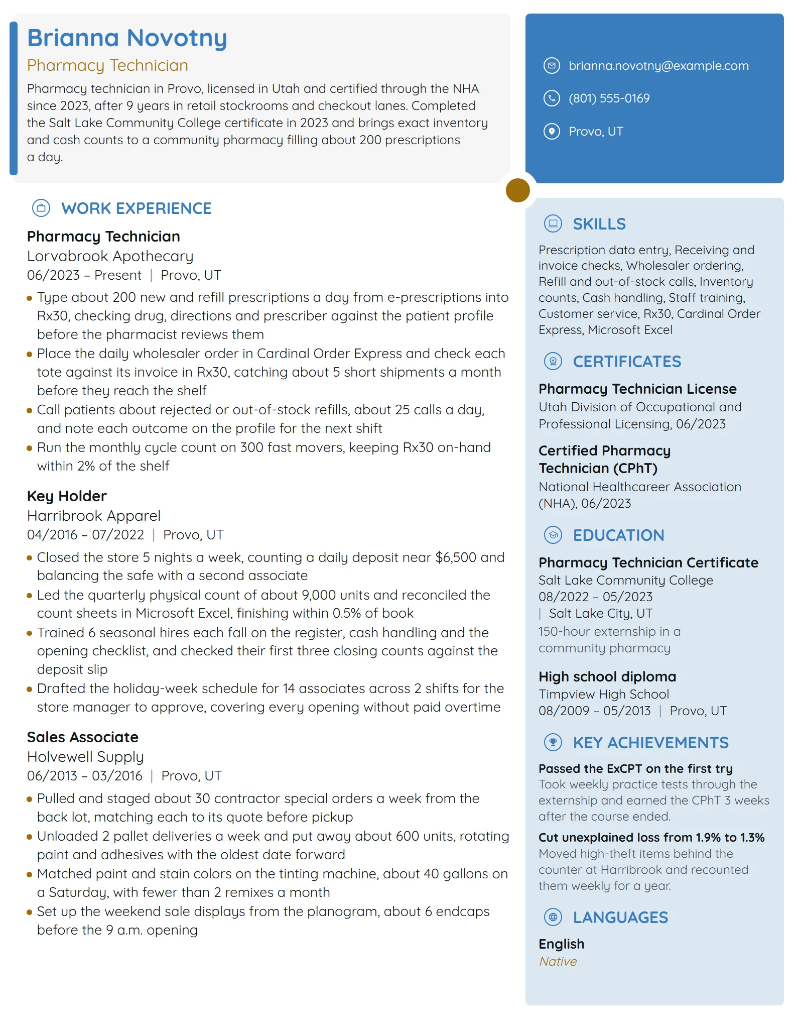 Career Change Pharmacy Technician resume example