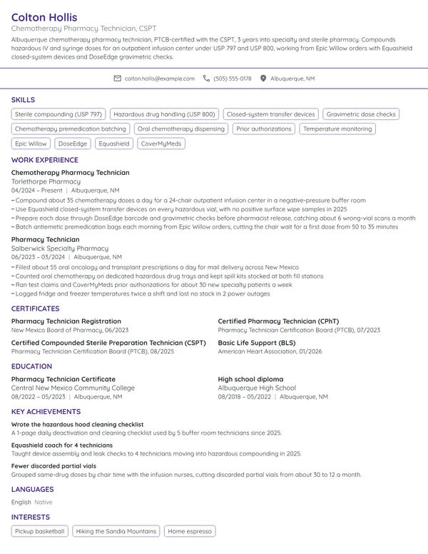Chemotherapy Pharmacy Technician resume example
