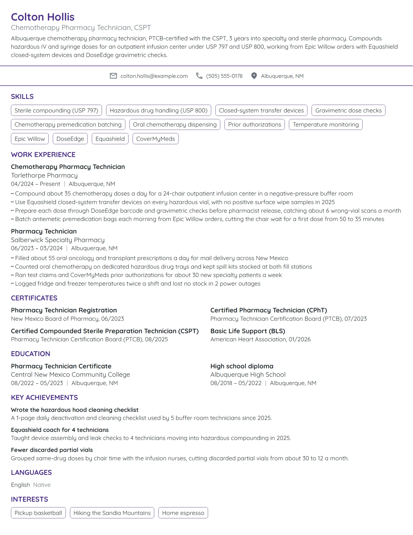 Chemotherapy Pharmacy Technician resume example