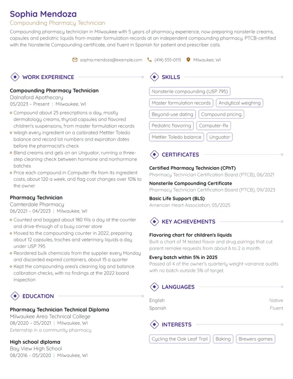 Compounding Pharmacy Technician resume example