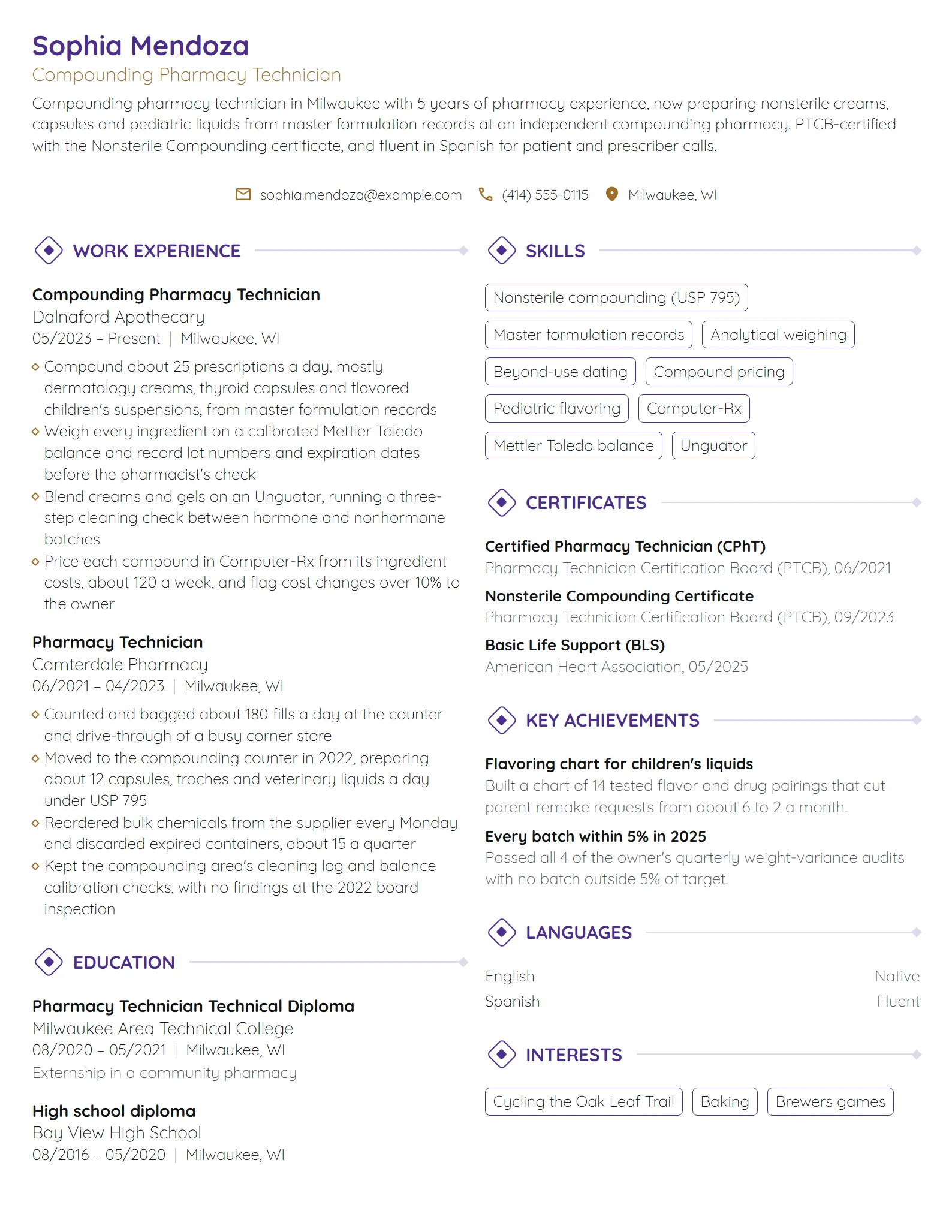 Compounding Pharmacy Technician resume example
