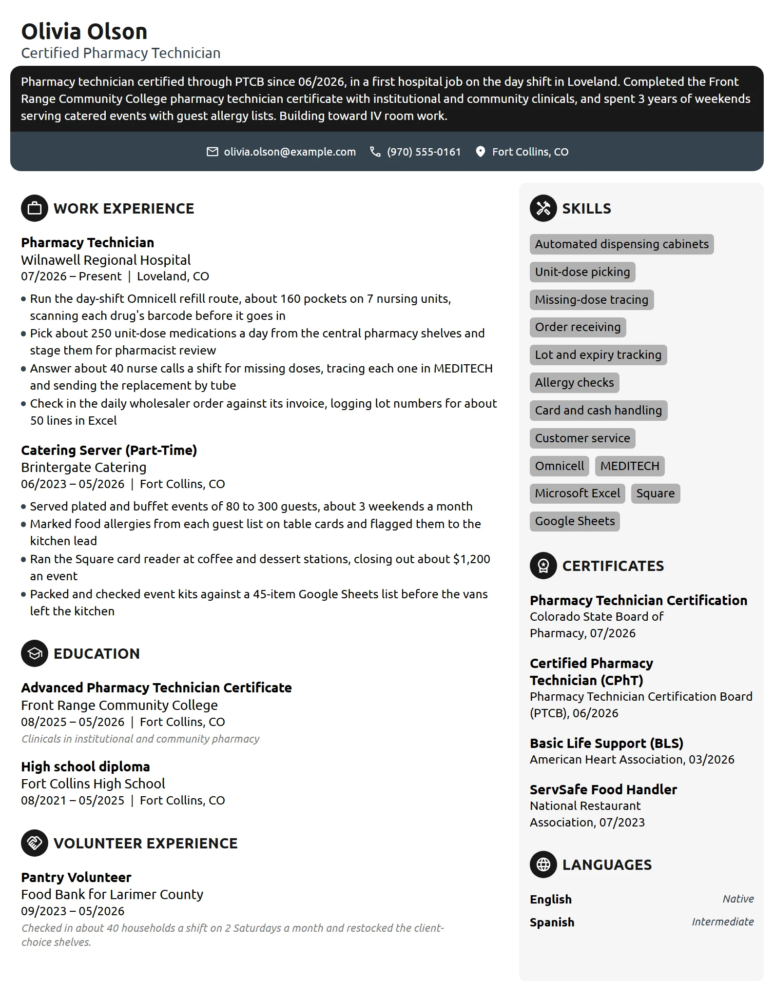 Entry-Level Pharmacy Technician resume example
