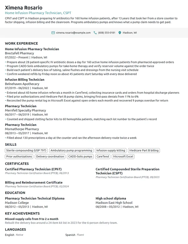 Home Infusion Pharmacy Technician resume example