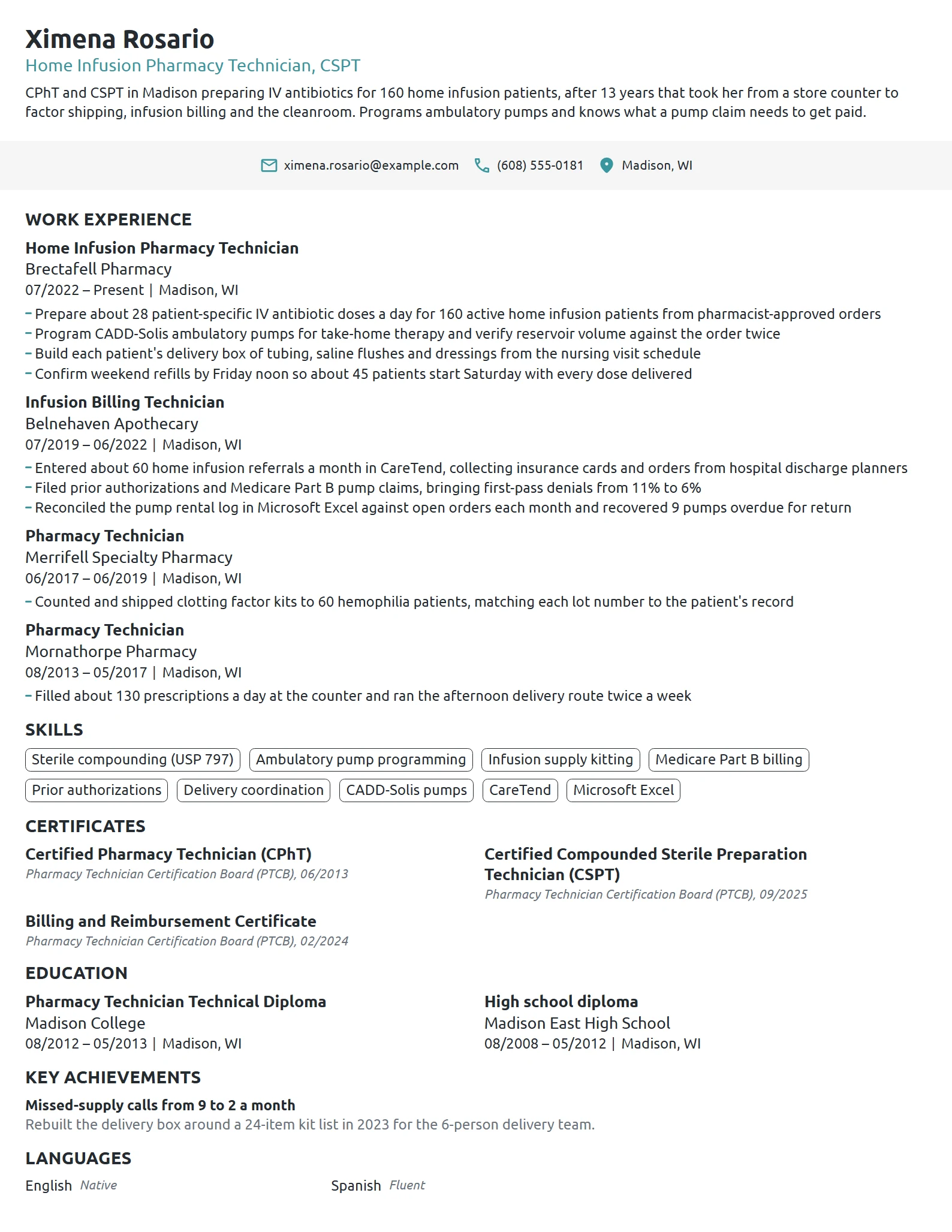 Home Infusion Pharmacy Technician resume example