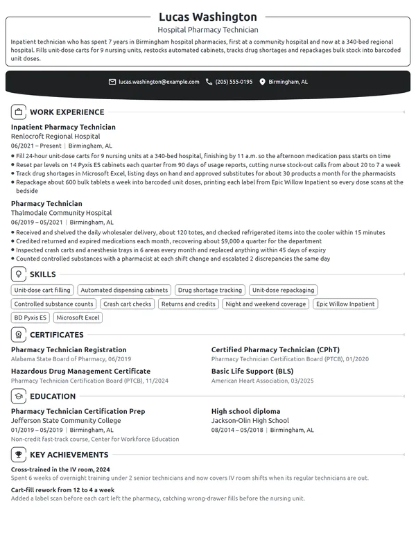 Hospital Pharmacy Technician resume example