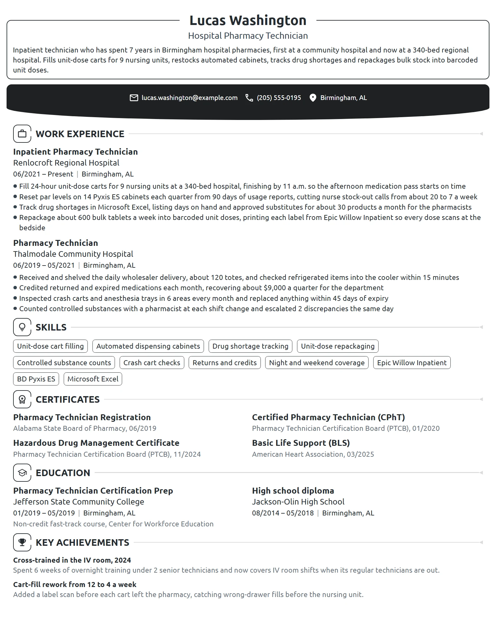 Hospital Pharmacy Technician resume example