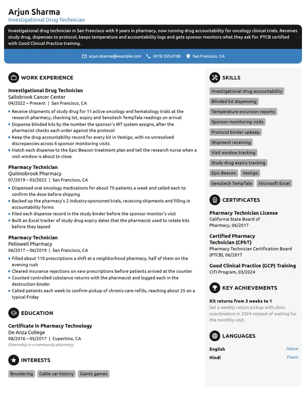 Investigational Drug Technician resume example