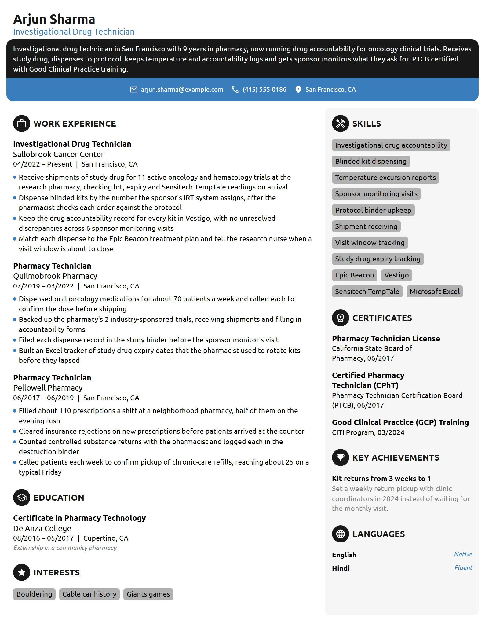 Investigational Drug Technician resume example