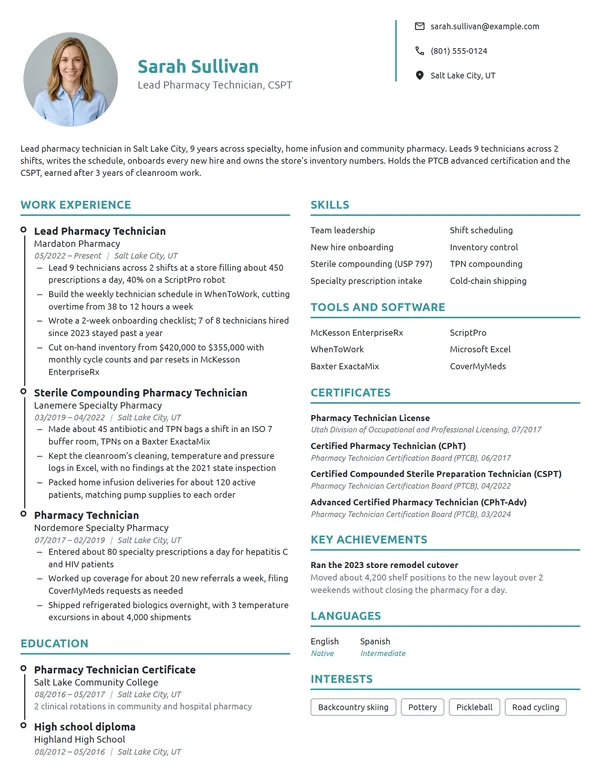 Lead Pharmacy Technician resume example