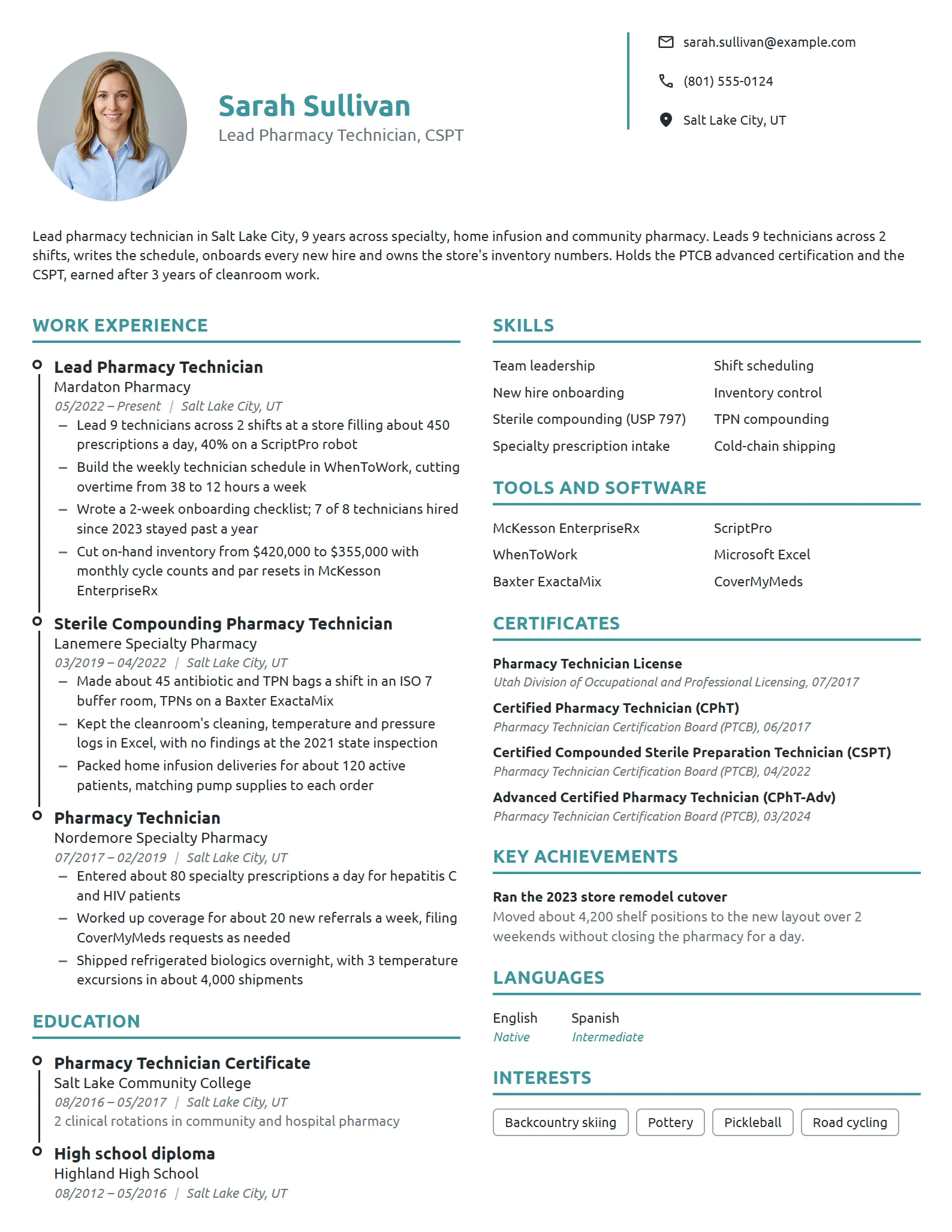 Lead Pharmacy Technician resume example
