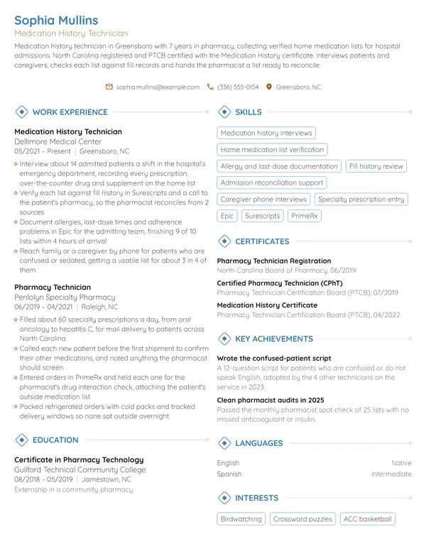 Medication History Technician resume example