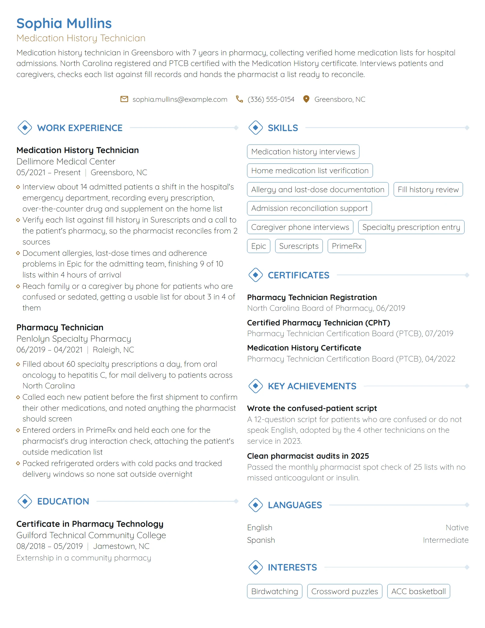 Medication History Technician resume example