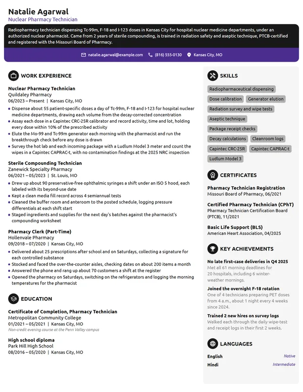 Nuclear Pharmacy Technician resume example