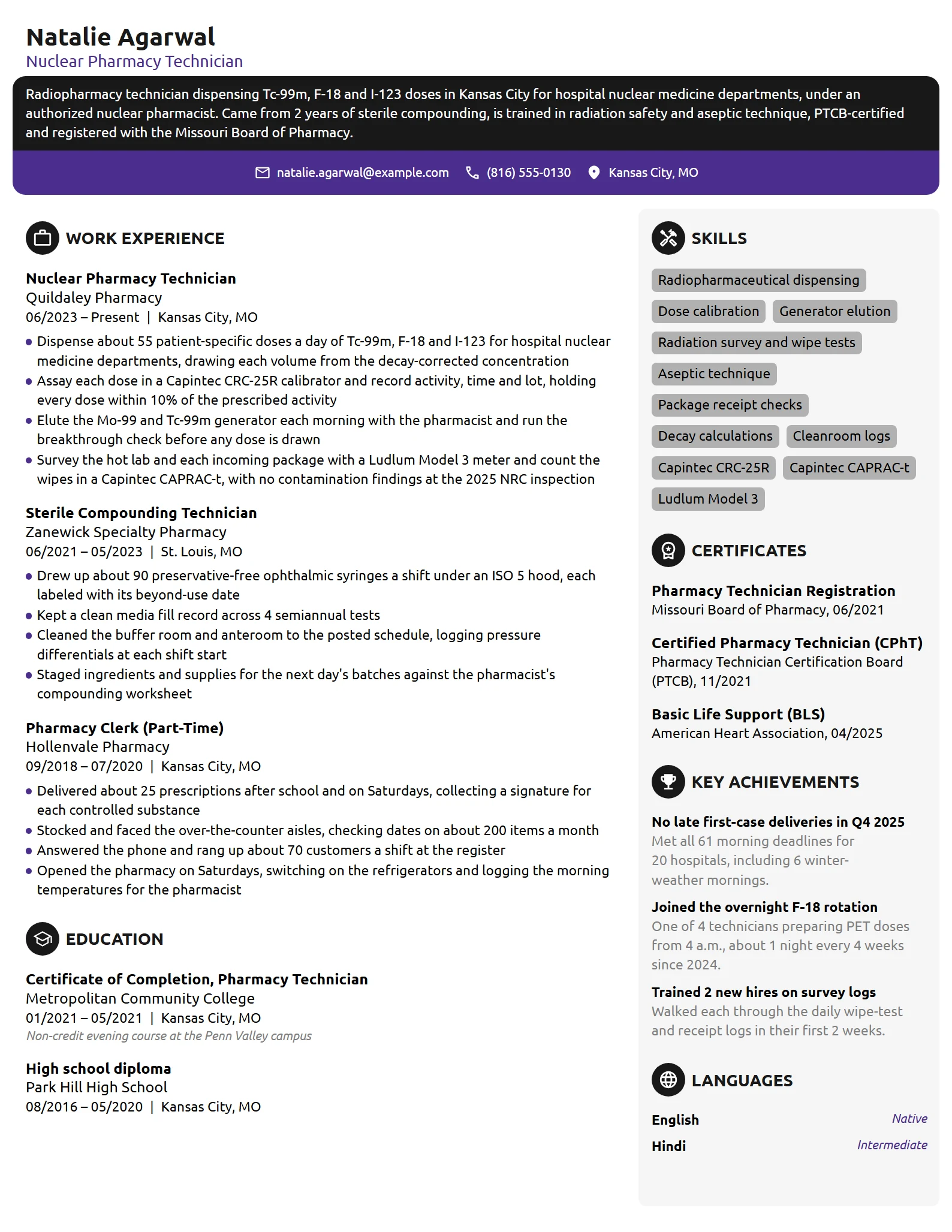 Nuclear Pharmacy Technician resume example