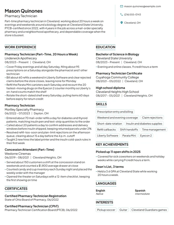 Part-Time Pharmacy Technician resume example