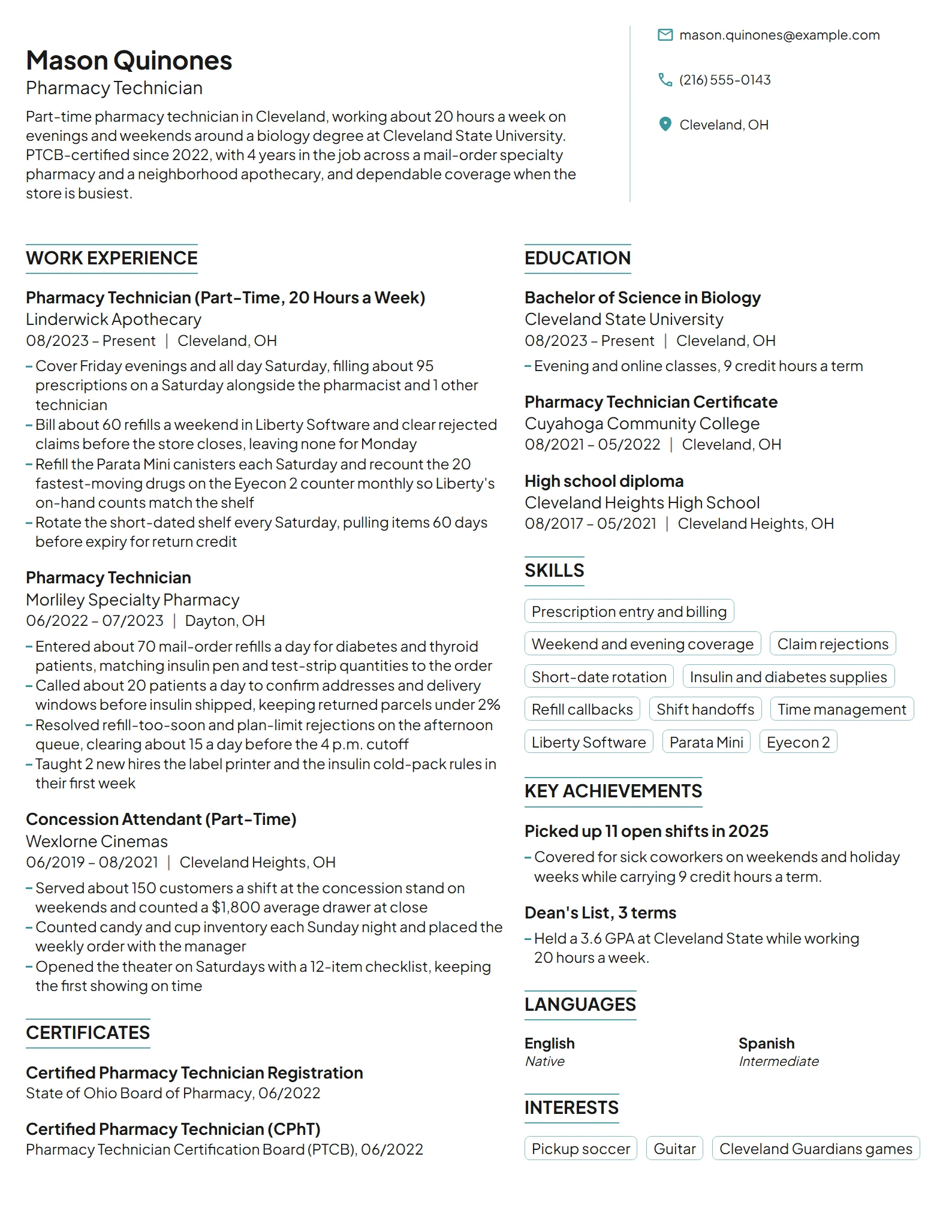 Part-Time Pharmacy Technician resume example