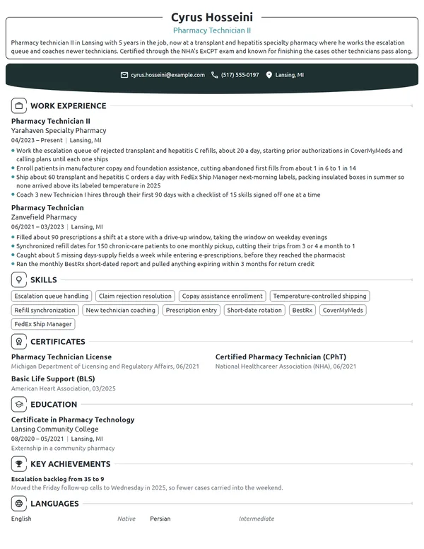 Pharmacy Technician II resume example