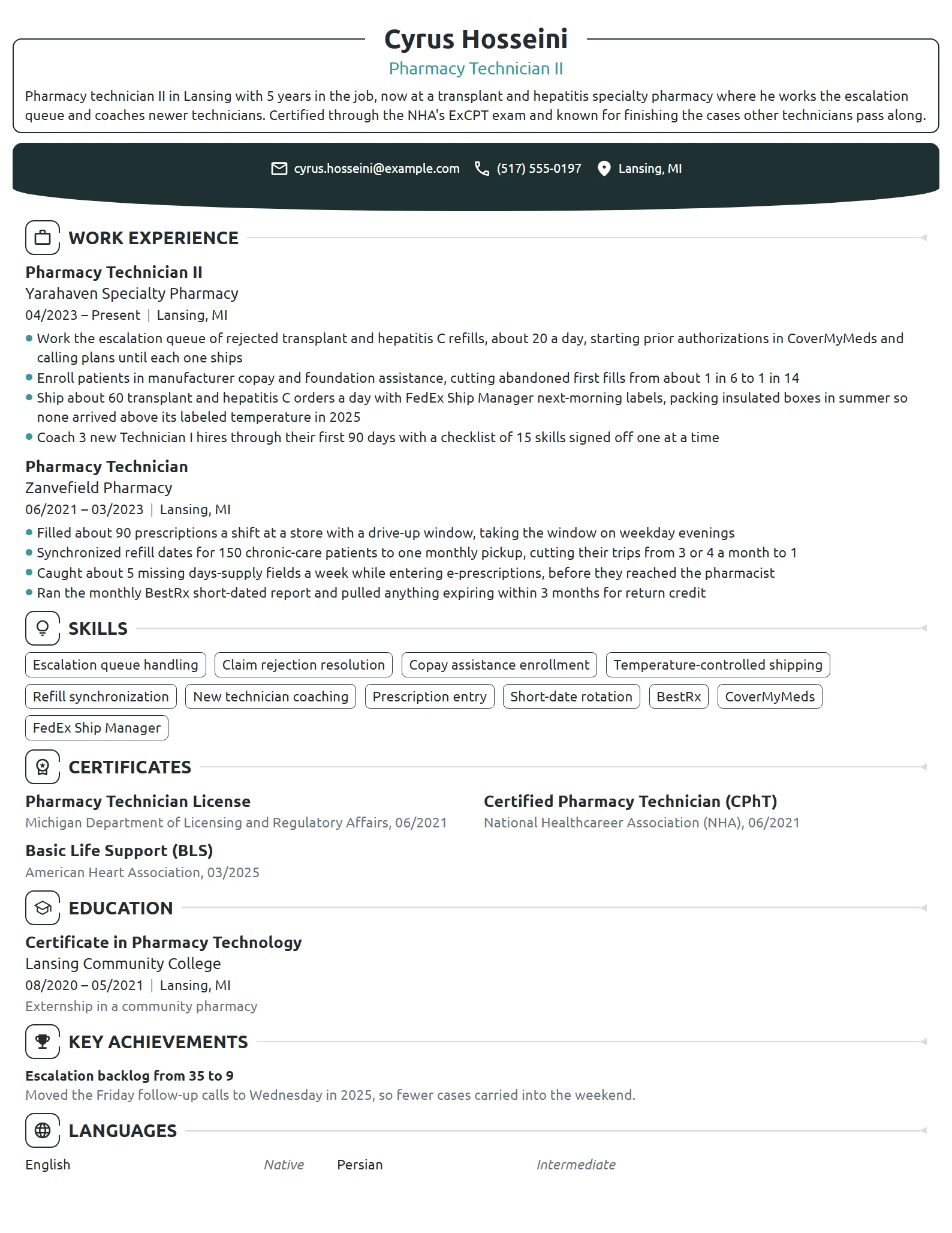 Pharmacy Technician II resume example