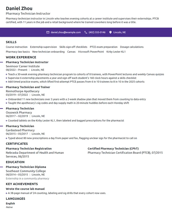 Pharmacy Technician Instructor resume example