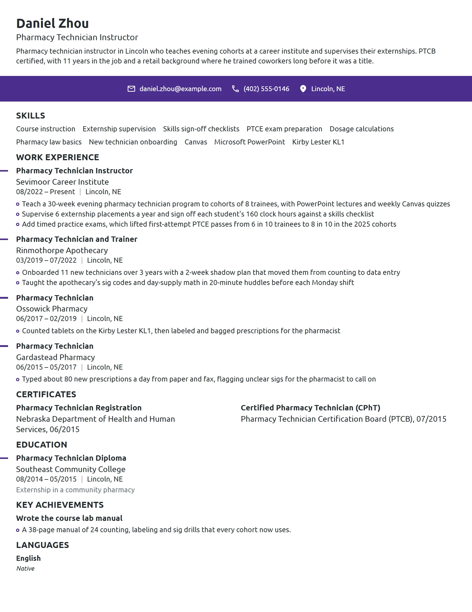 Pharmacy Technician Instructor resume example