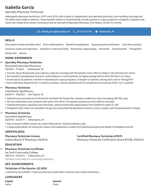 Pharmacy Technician resume example