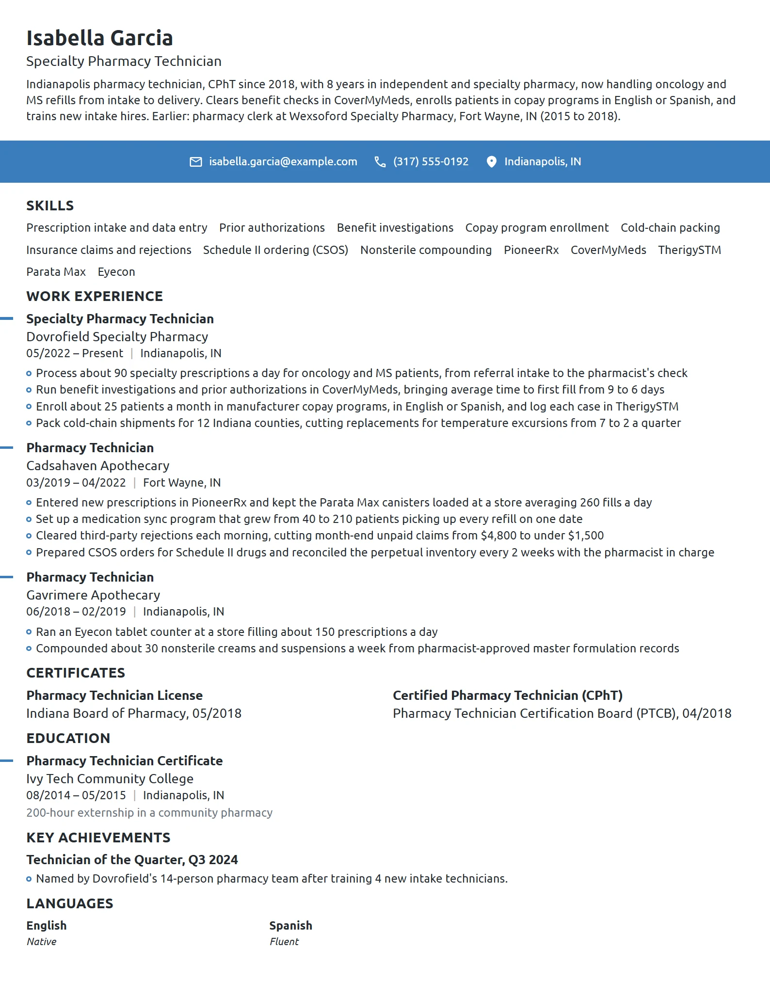 Pharmacy Technician resume example