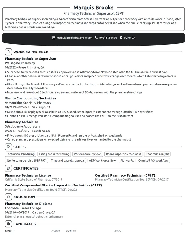 Pharmacy Technician Supervisor resume example