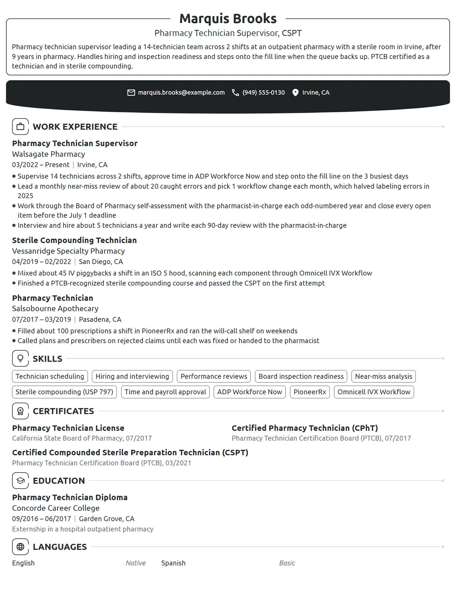 Pharmacy Technician Supervisor resume example