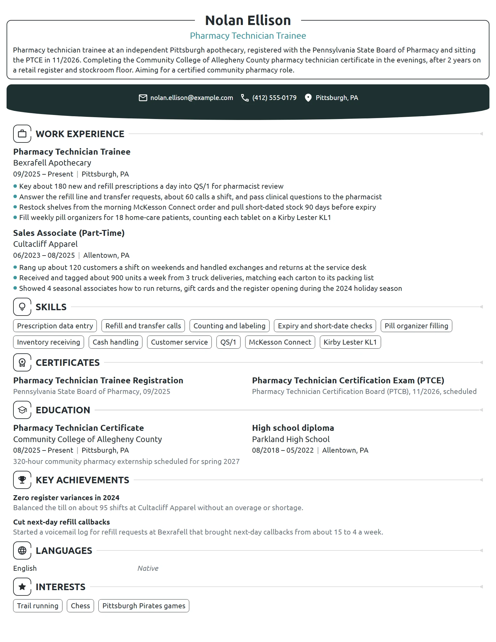 Pharmacy Technician Trainee resume example