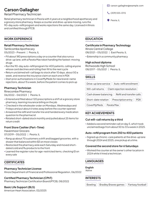 Retail Pharmacy Technician resume example