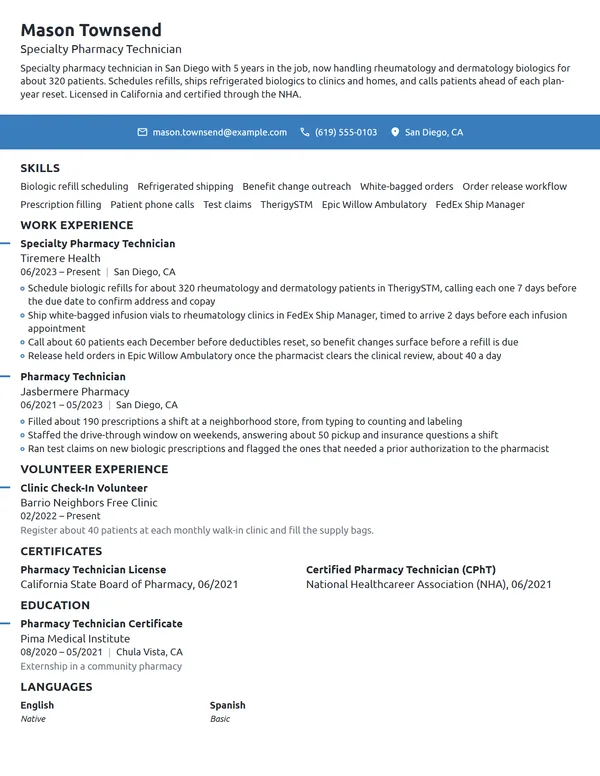 Specialty Pharmacy Technician resume example