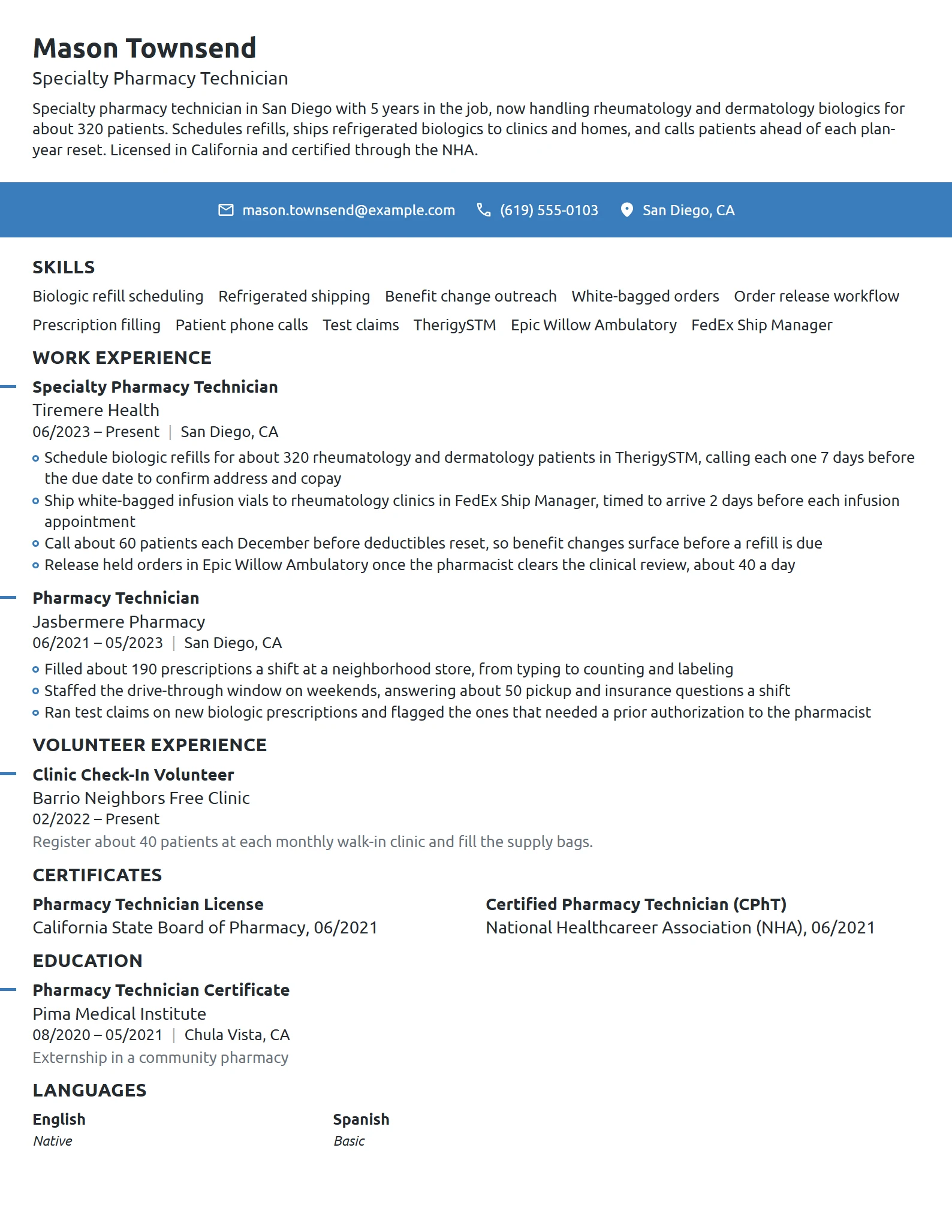 Specialty Pharmacy Technician resume example