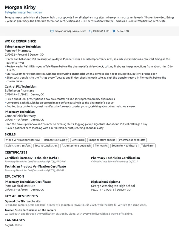 Telepharmacy Technician resume example
