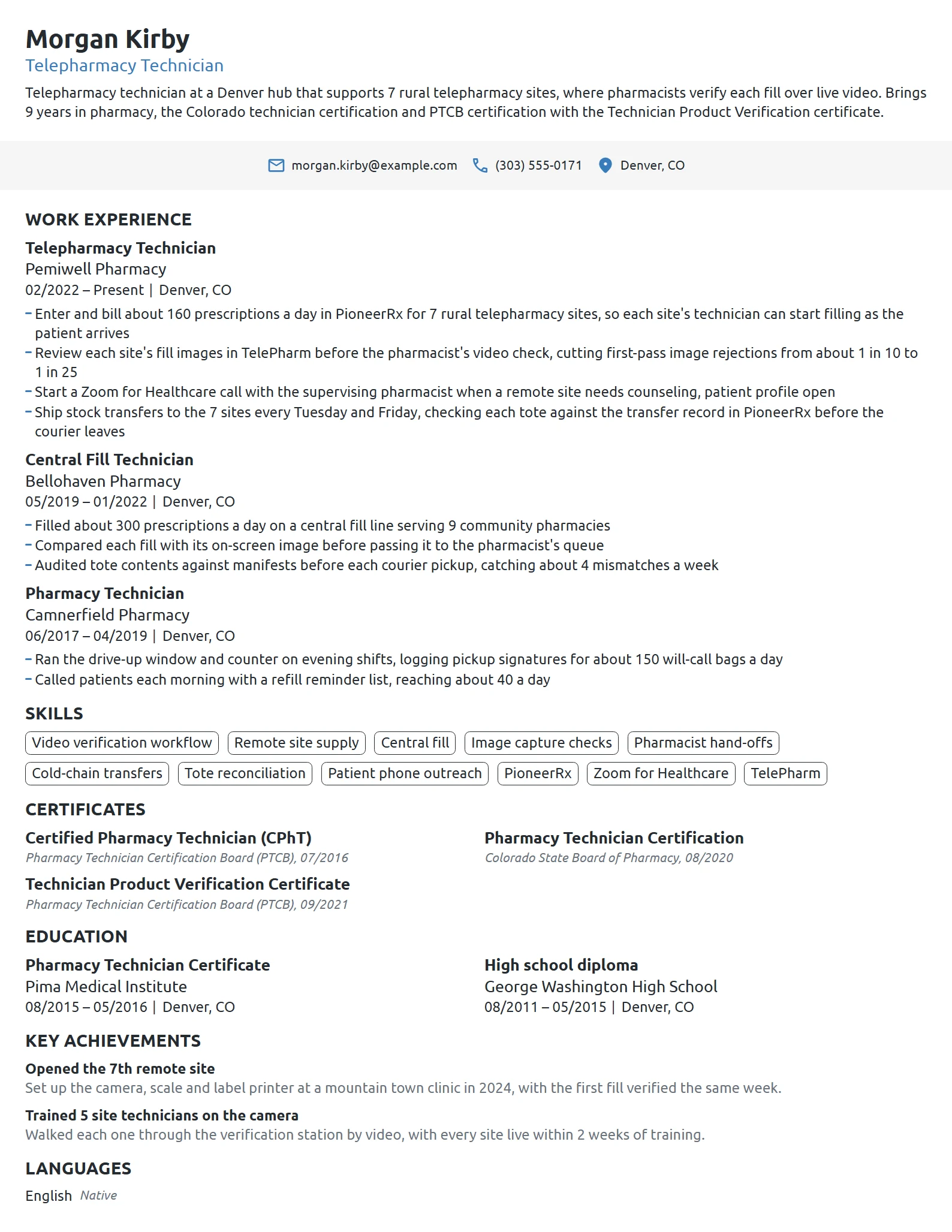 Telepharmacy Technician resume example