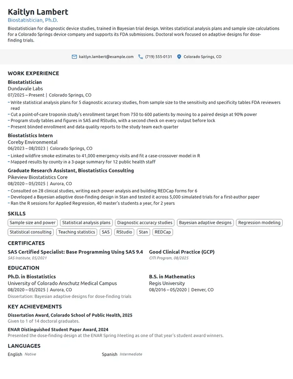 Biostatistician resume example