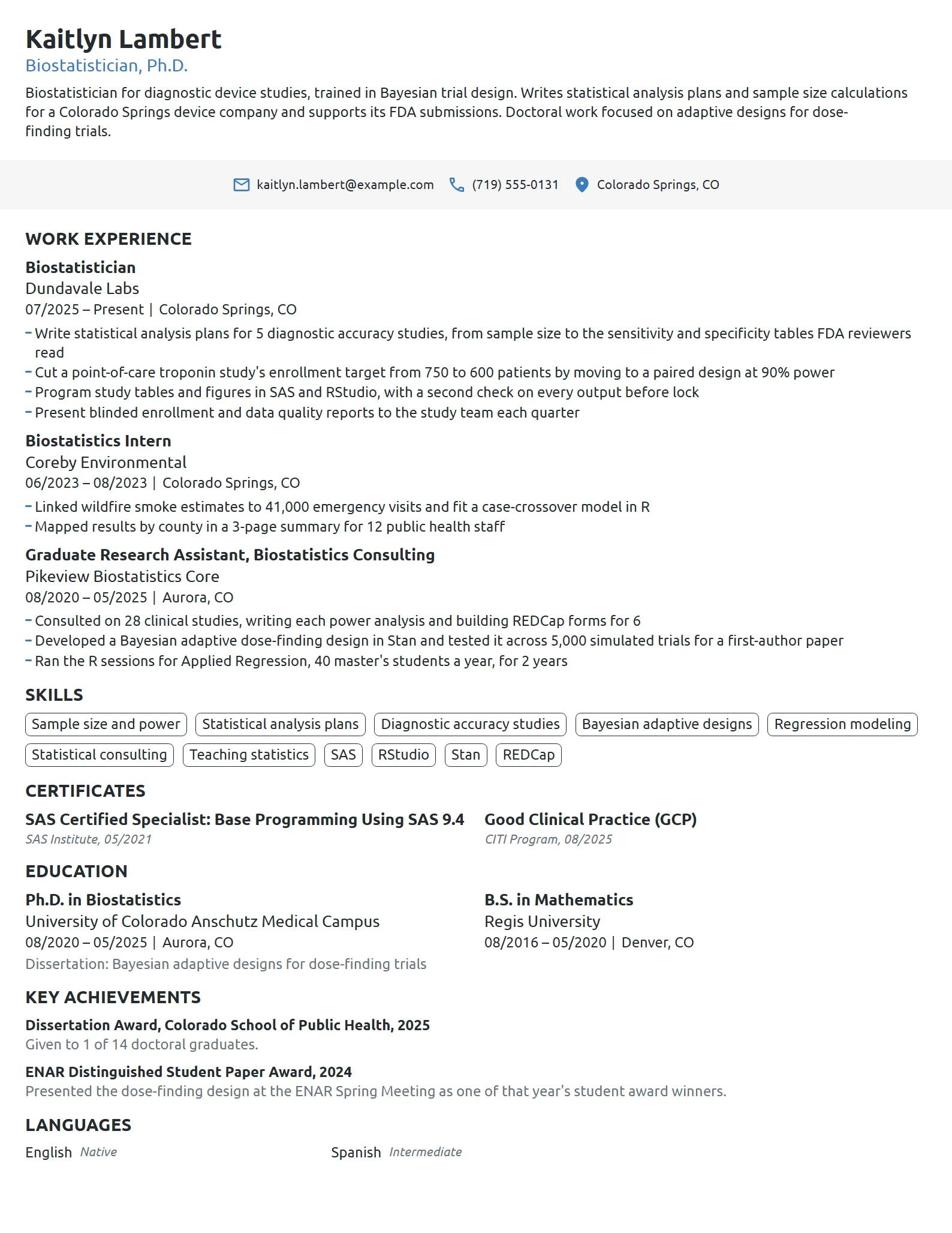 Biostatistician resume example