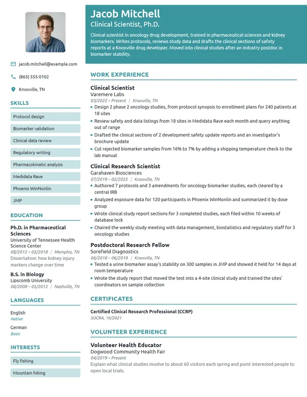 Clinical Scientist resume example