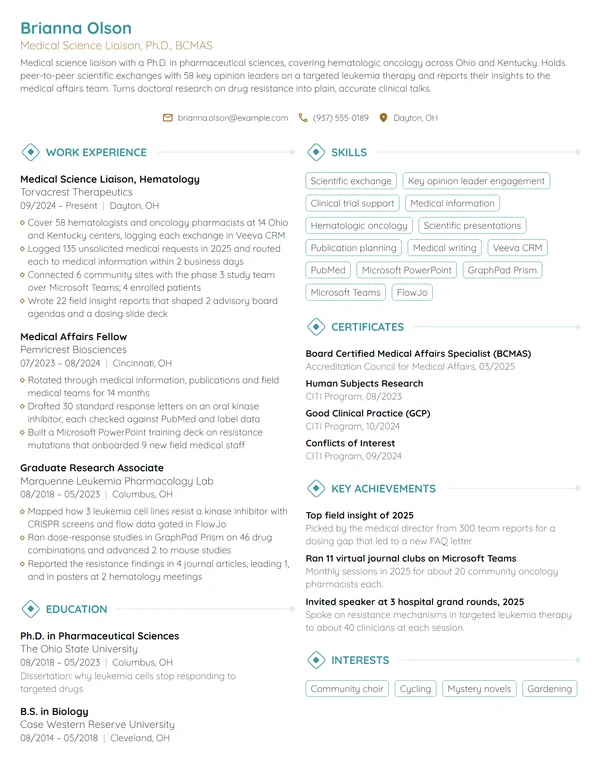 Medical Science Liaison resume example