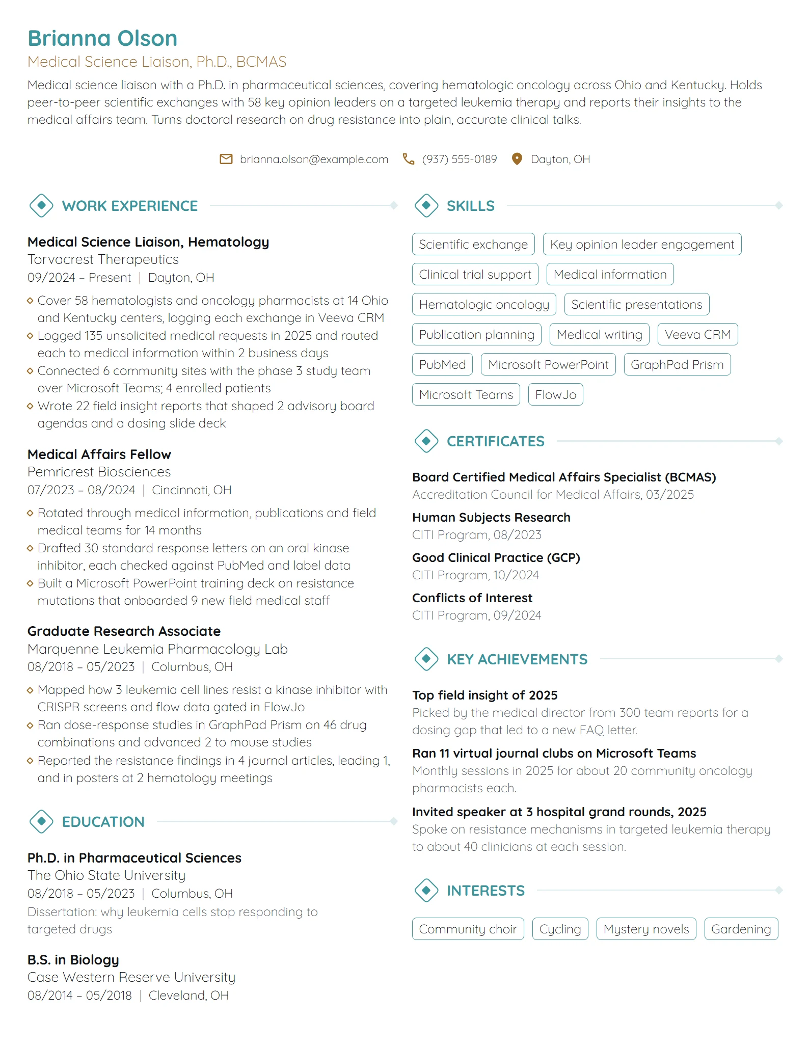 Medical Science Liaison resume example