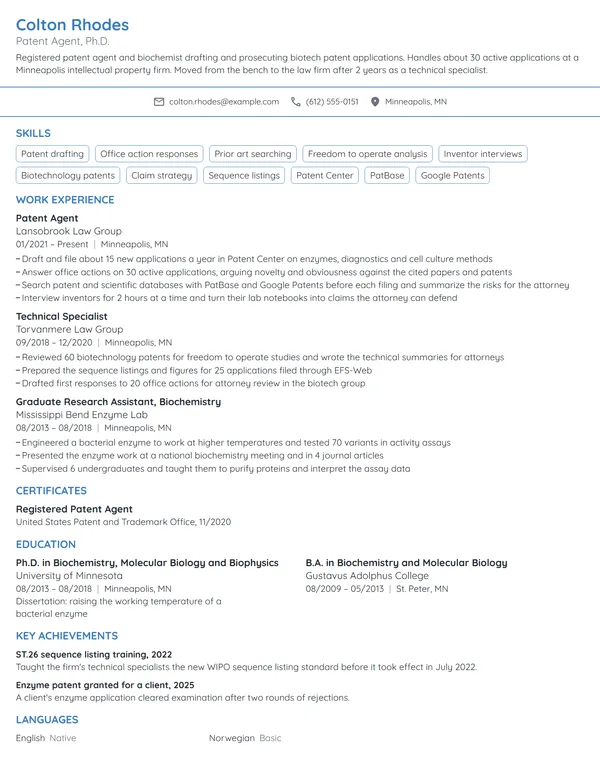 Patent Agent resume example
