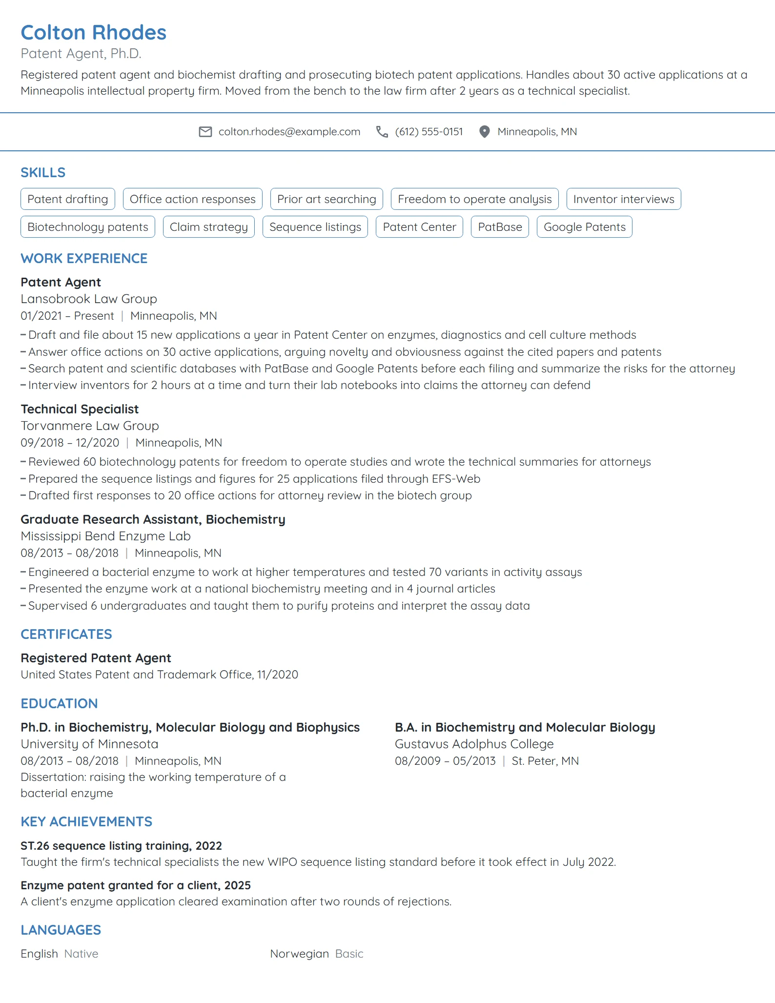 Patent Agent resume example
