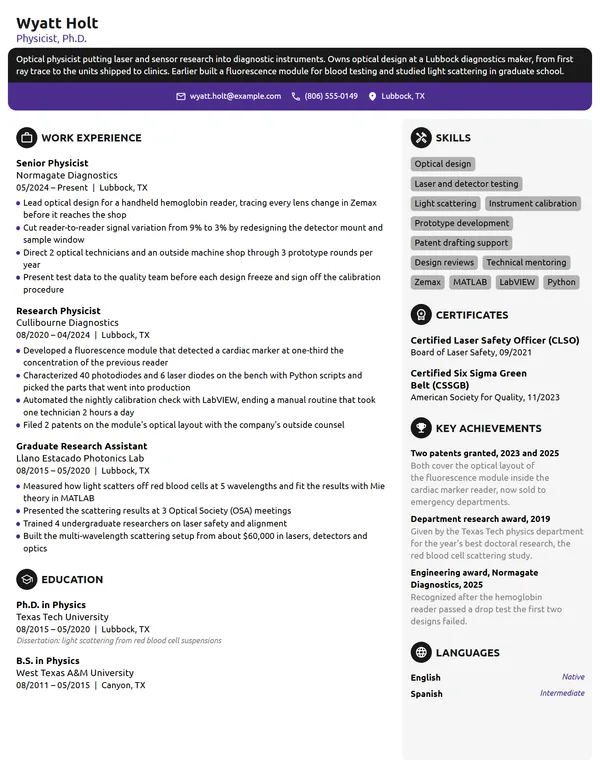 Physicist resume example